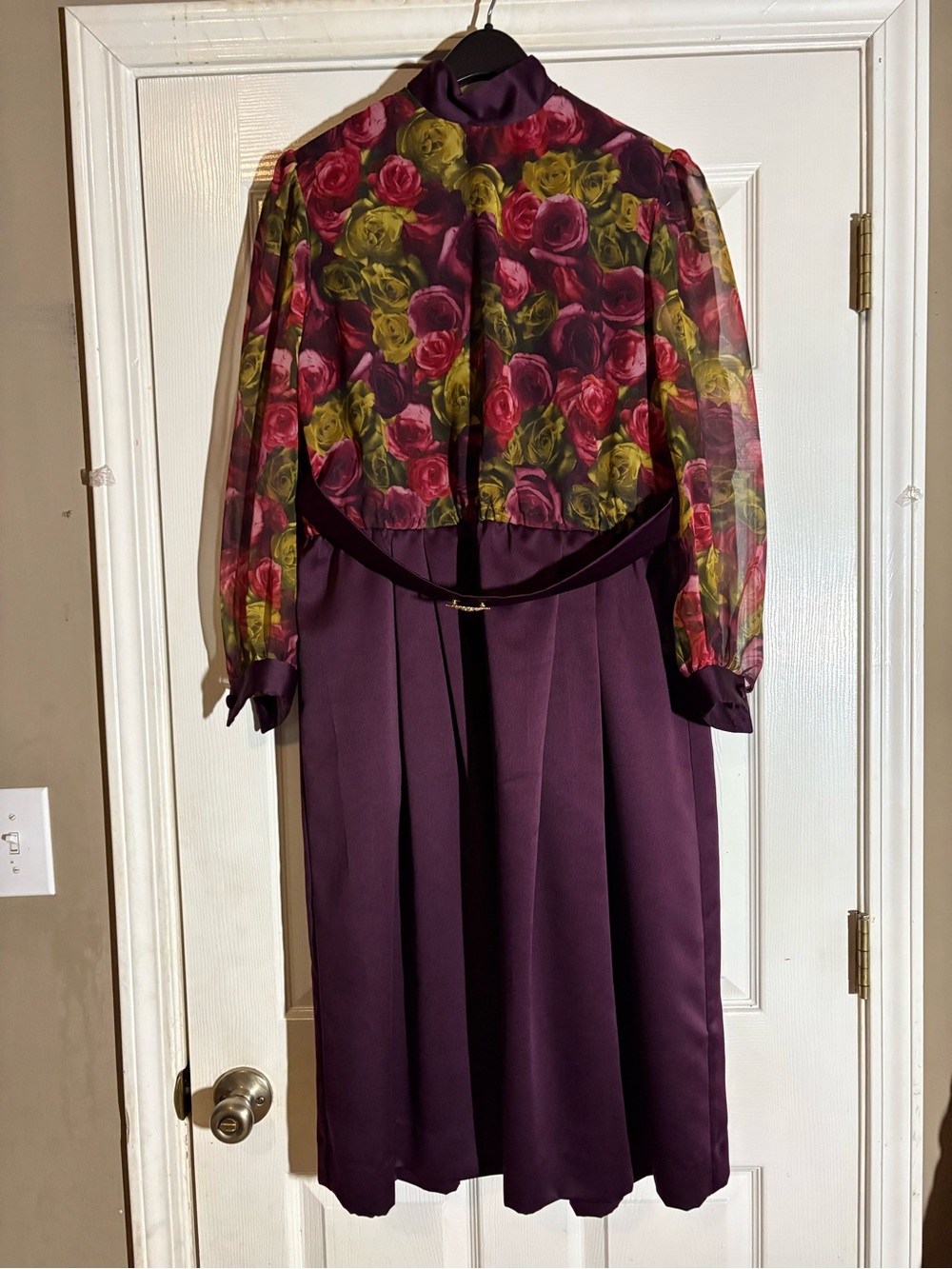 Purple Floral Tie-Waist Midi Dress with Sheer Sleeves